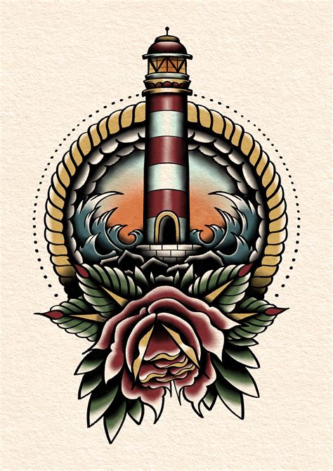 black traditional lighthouse tattoo